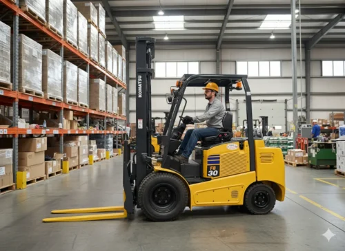 HÌNH MINH HỌA TRANG PHỤ TÙNG XE NÂNG KOMATSU, XE NÂNG KOMATSU FB30 TRONG KHO XƯỞNG